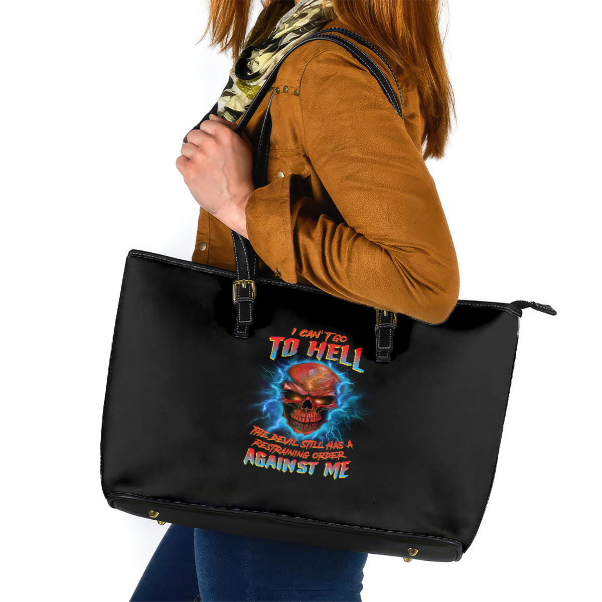 I Can't Go To Hell Thunder Skull Leather Tote Bag TS04