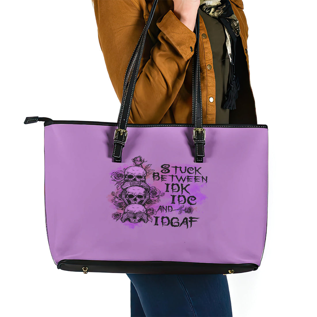 Stuck Between Idk Idc And Idgaf Leather Tote Bag TS04