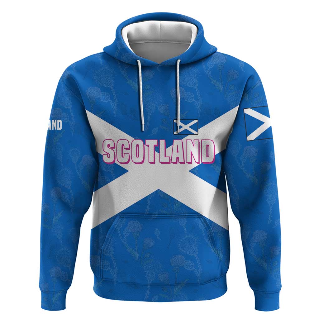Scotland Hoodie with Blue Saltire Flag with Thistle Flowers Highland Landscape and Land of Thistle and Stone TS04
