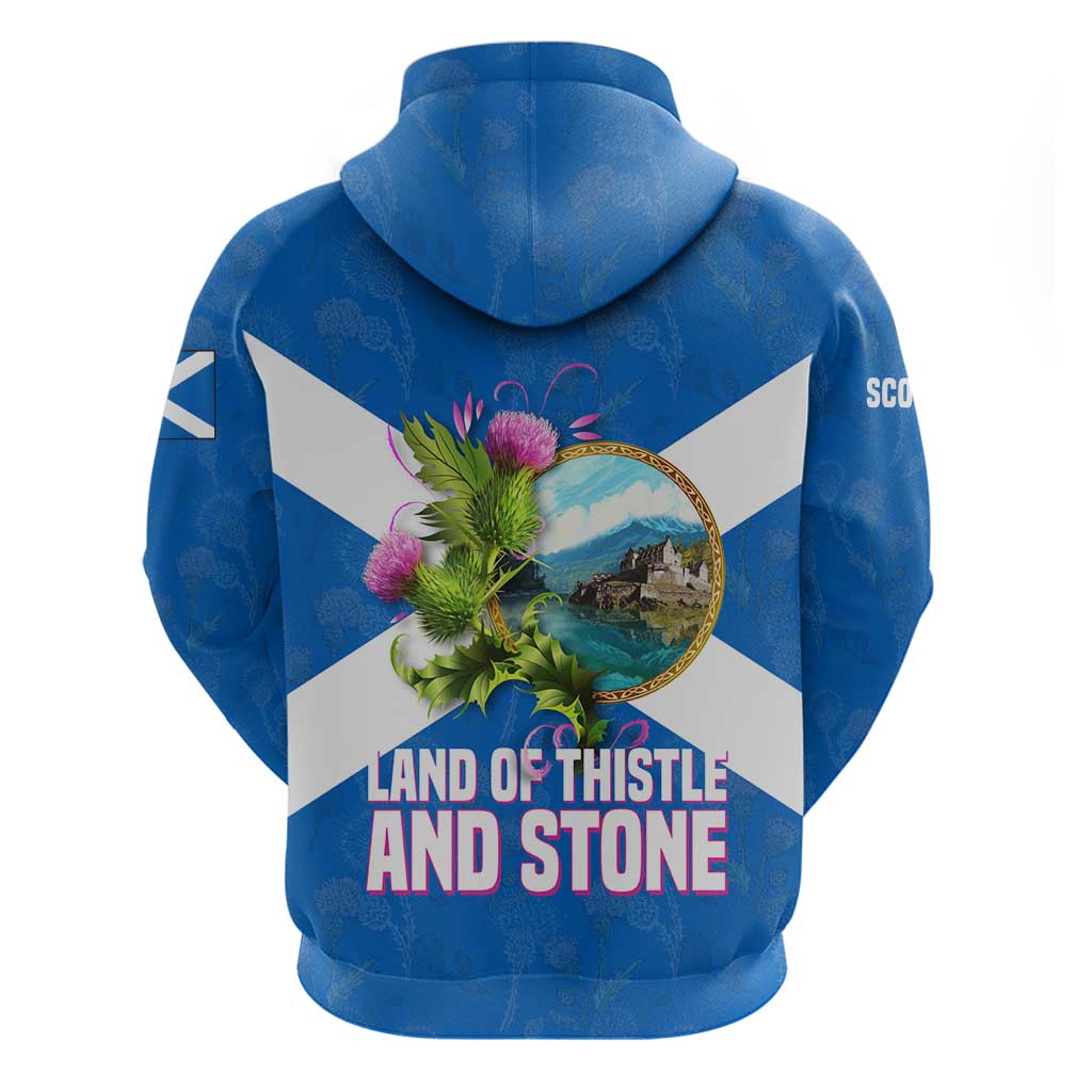 Scotland Hoodie with Blue Saltire Flag with Thistle Flowers Highland Landscape and Land of Thistle and Stone TS04