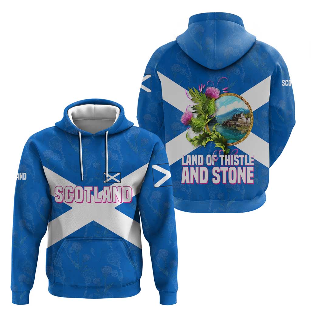 Scotland Hoodie with Blue Saltire Flag with Thistle Flowers Highland Landscape and Land of Thistle and Stone TS04