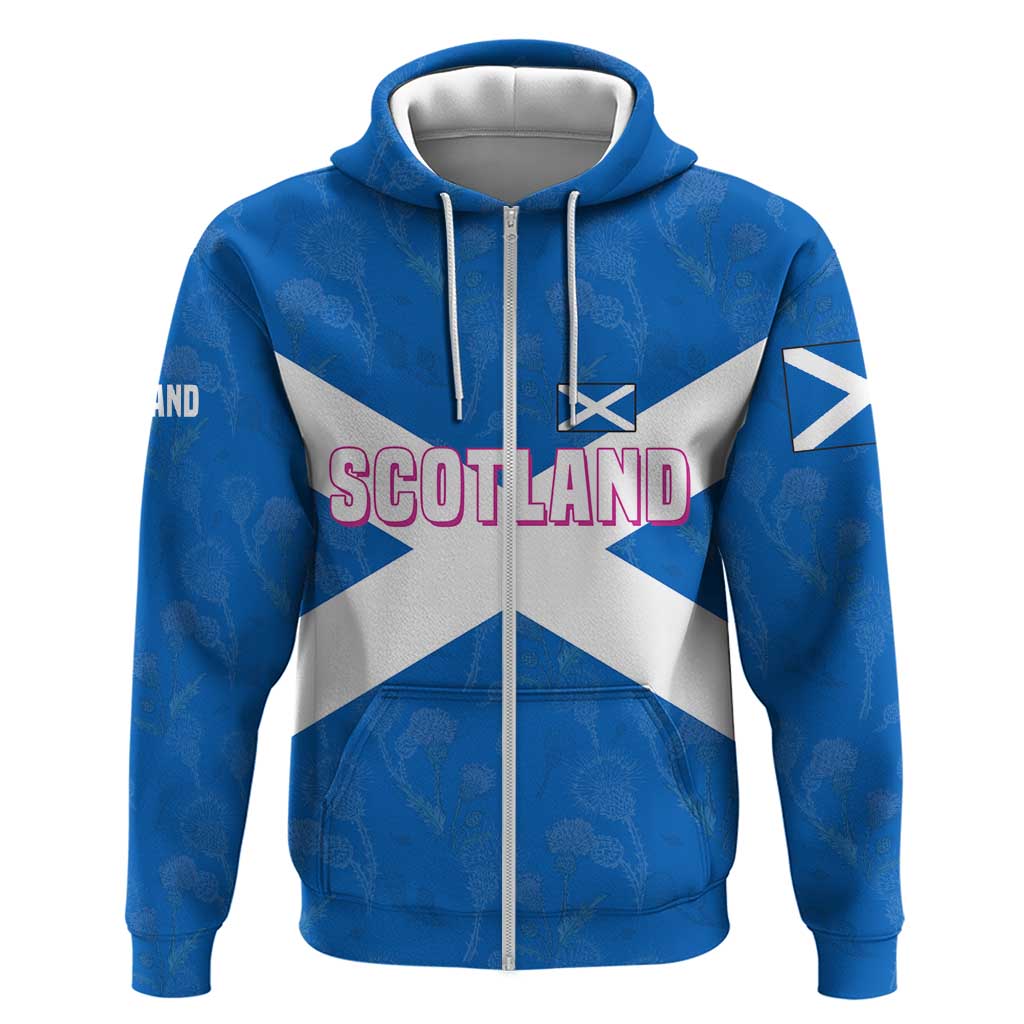 Scotland Hoodie with Blue Saltire Flag with Thistle Flowers Highland Landscape and Land of Thistle and Stone TS04