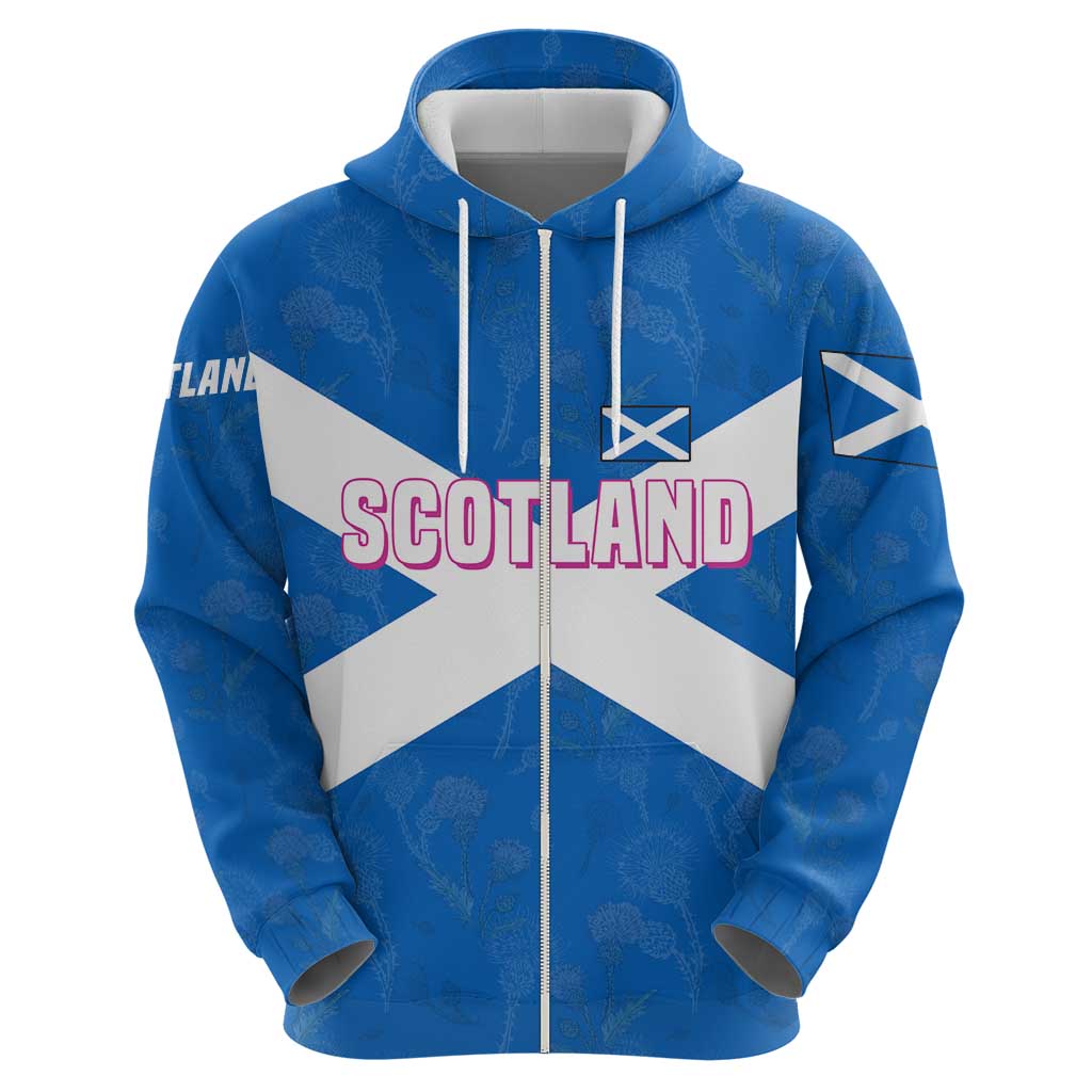 Scotland Hoodie with Blue Saltire Flag with Thistle Flowers Highland Landscape and Land of Thistle and Stone TS04