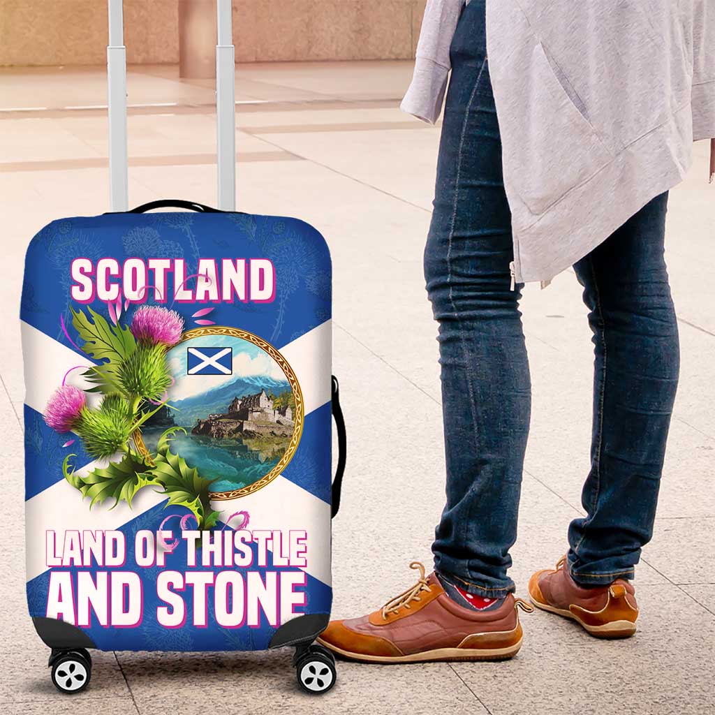 Scotland Luggage Cover with Blue Saltire Flag with Thistle Flowers Highland Landscape and Land of Thistle and Stone TS04