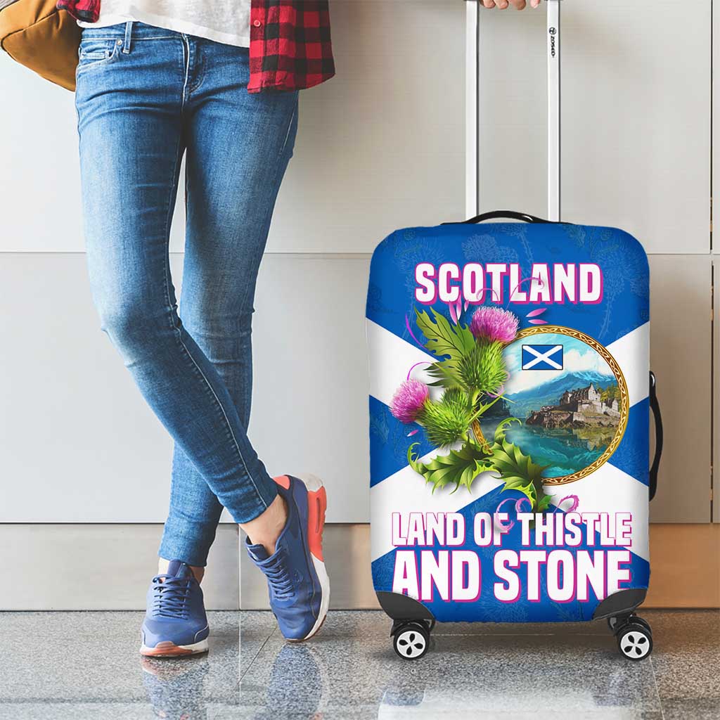 Scotland Luggage Cover with Blue Saltire Flag with Thistle Flowers Highland Landscape and Land of Thistle and Stone TS04