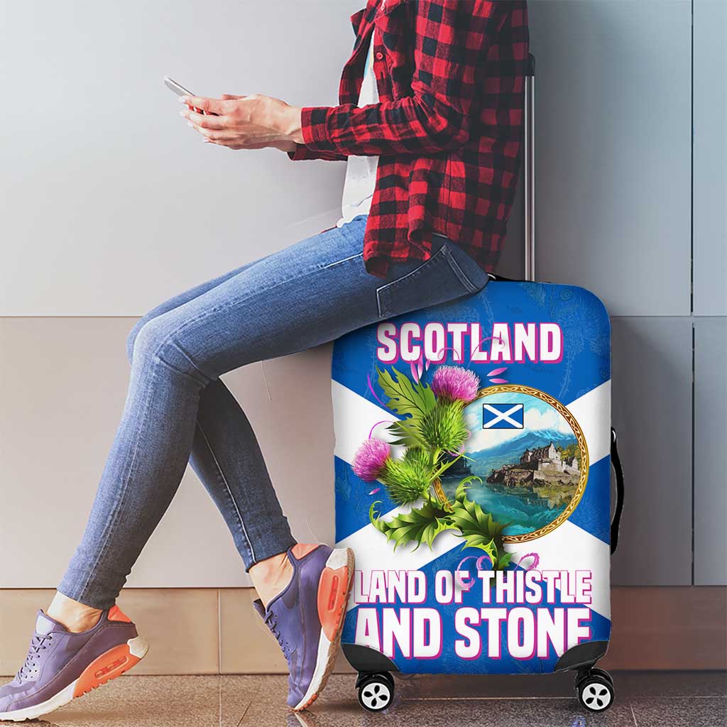 Scotland Luggage Cover with Blue Saltire Flag with Thistle Flowers Highland Landscape and Land of Thistle and Stone TS04