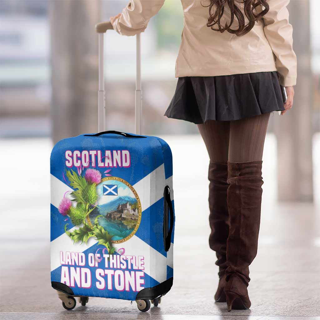 Scotland Luggage Cover with Blue Saltire Flag with Thistle Flowers Highland Landscape and Land of Thistle and Stone TS04