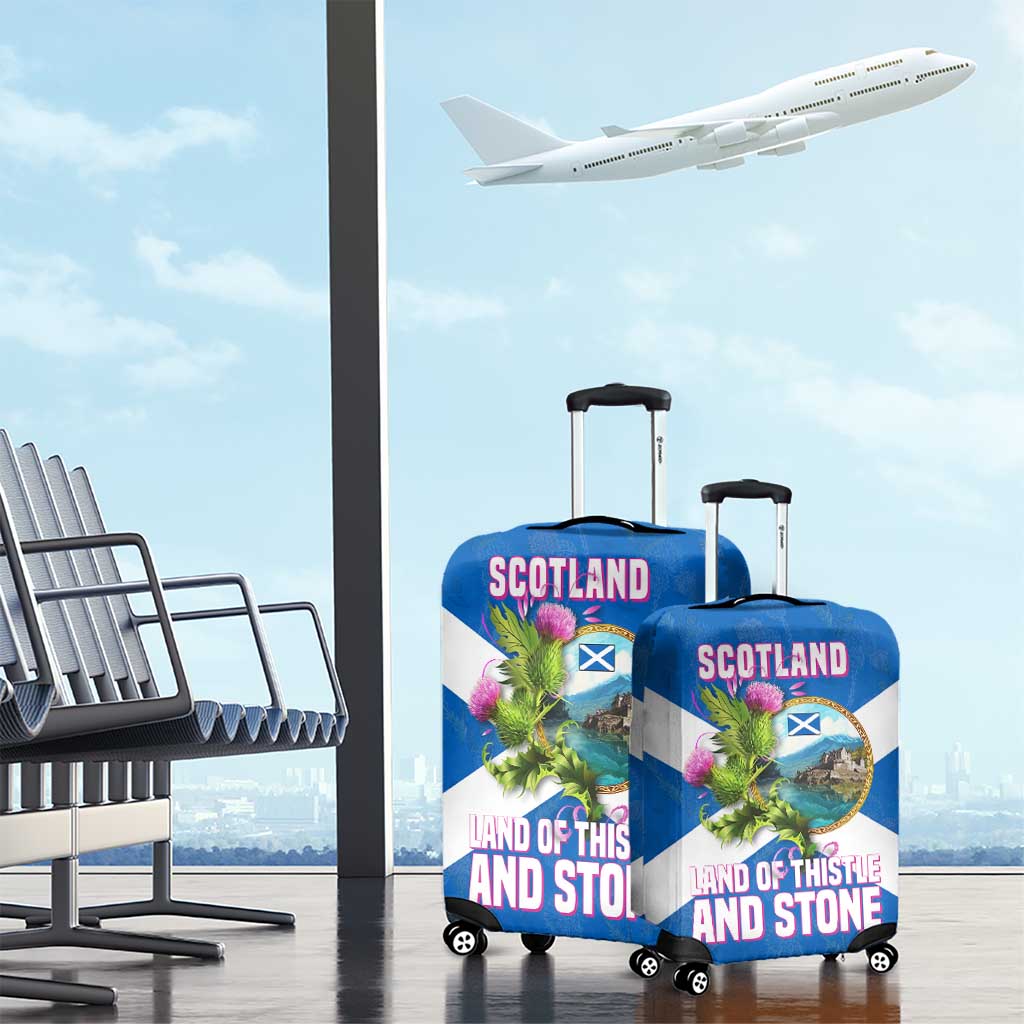 Scotland Luggage Cover with Blue Saltire Flag with Thistle Flowers Highland Landscape and Land of Thistle and Stone TS04
