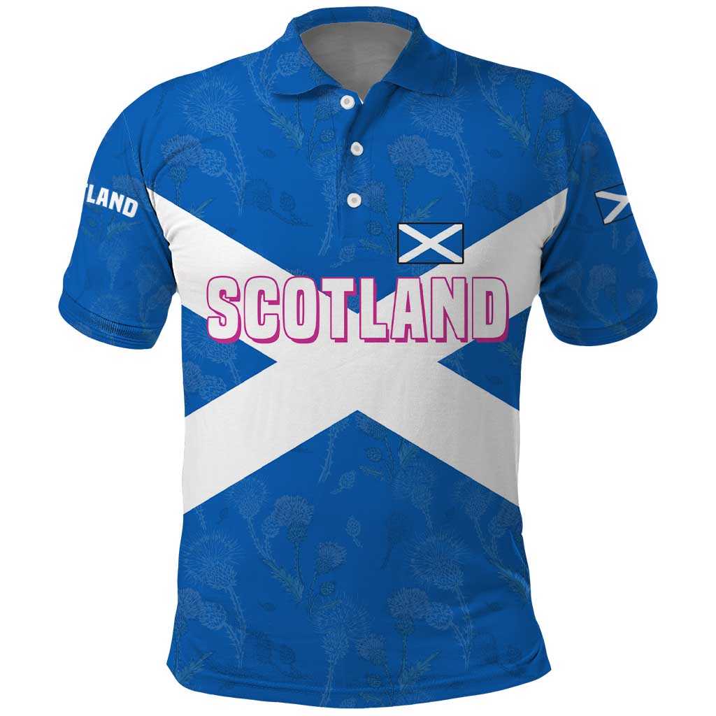 Scotland Polo Shirt with Blue Saltire Flag with Thistle Flowers Highland Landscape and Land of Thistle and Stone TS04