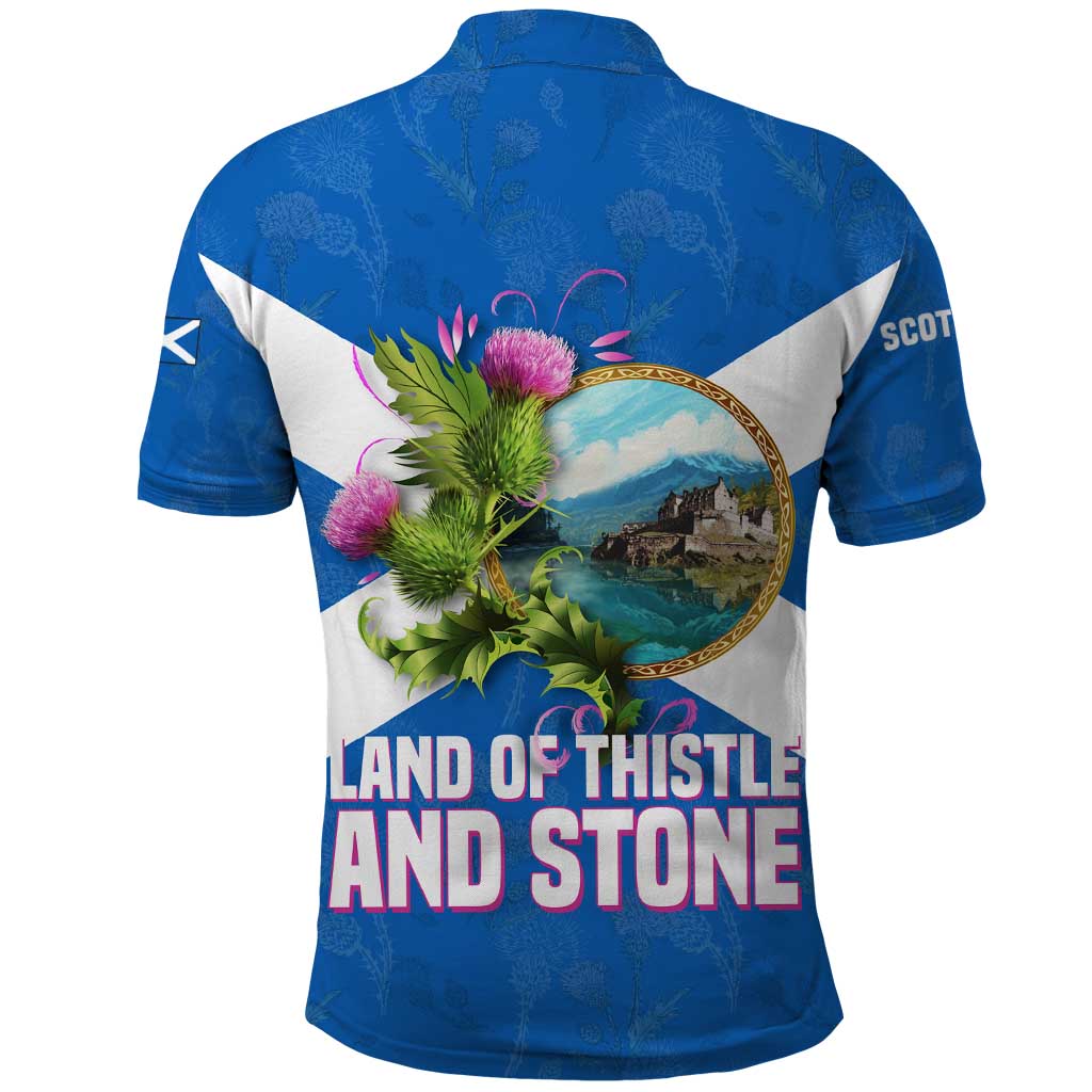 Scotland Polo Shirt with Blue Saltire Flag with Thistle Flowers Highland Landscape and Land of Thistle and Stone TS04