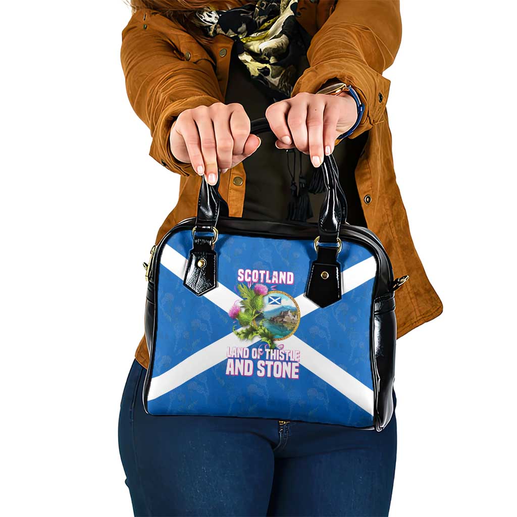 Scotland Shoulder Handbag with Blue Saltire Flag with Thistle Flowers Highland Landscape and Land of Thistle and Stone TS04