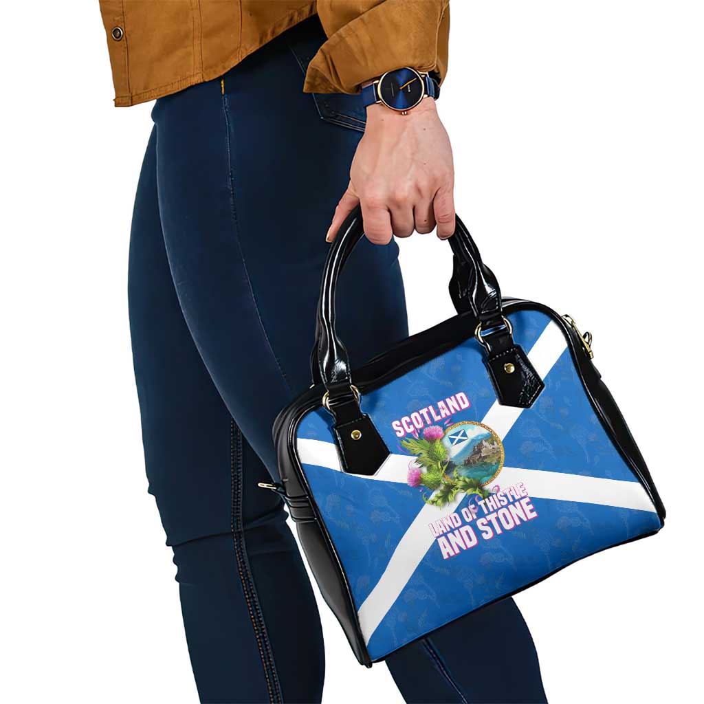Scotland Shoulder Handbag with Blue Saltire Flag with Thistle Flowers Highland Landscape and Land of Thistle and Stone TS04