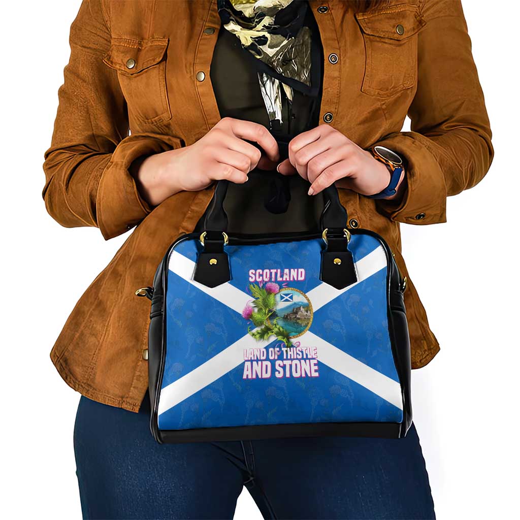 Scotland Shoulder Handbag with Blue Saltire Flag with Thistle Flowers Highland Landscape and Land of Thistle and Stone TS04