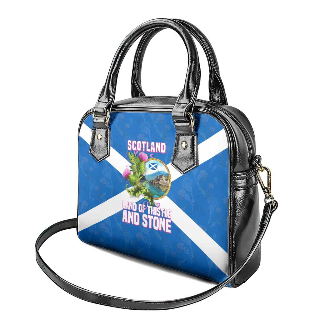 Scotland Shoulder Handbag with Blue Saltire Flag with Thistle Flowers Highland Landscape and Land of Thistle and Stone TS04