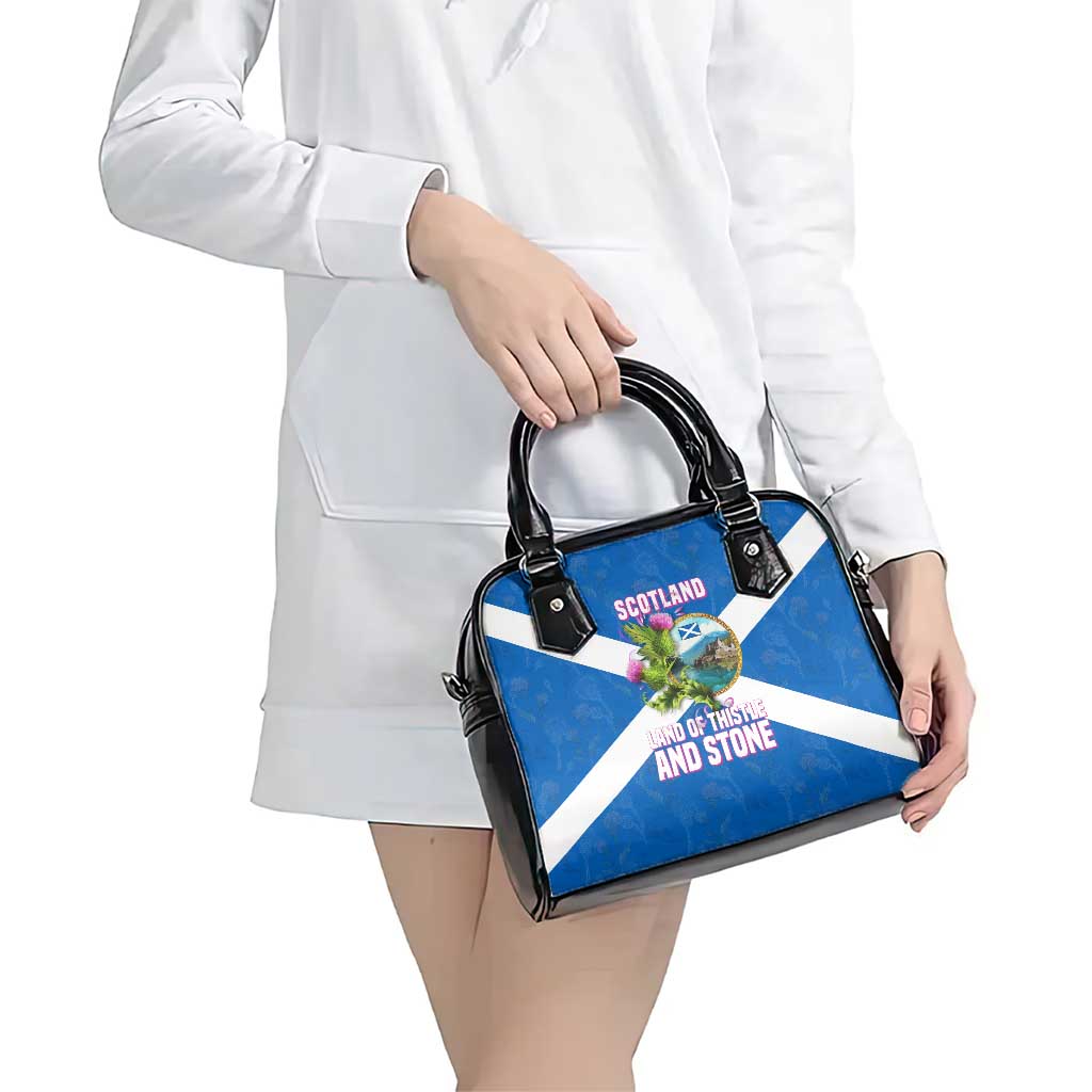 Scotland Shoulder Handbag with Blue Saltire Flag with Thistle Flowers Highland Landscape and Land of Thistle and Stone TS04