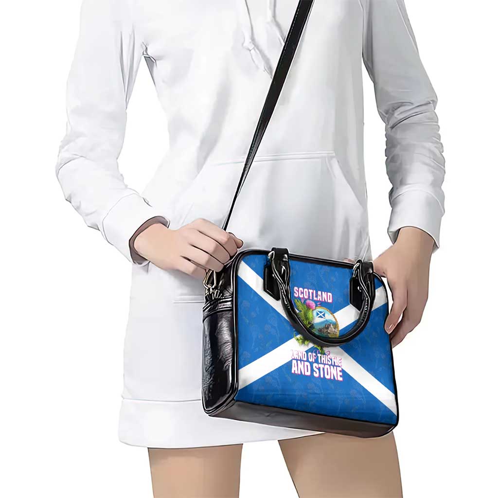 Scotland Shoulder Handbag with Blue Saltire Flag with Thistle Flowers Highland Landscape and Land of Thistle and Stone TS04