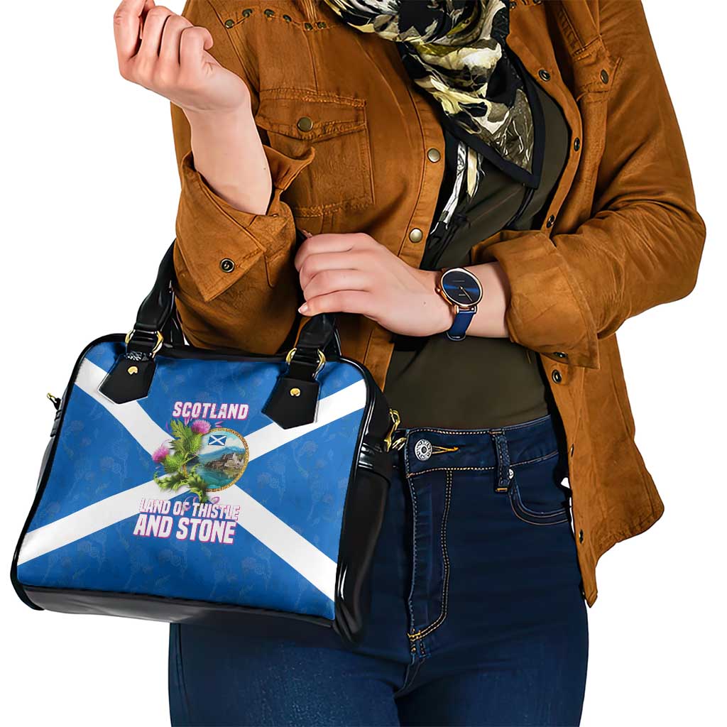 Scotland Shoulder Handbag with Blue Saltire Flag with Thistle Flowers Highland Landscape and Land of Thistle and Stone TS04