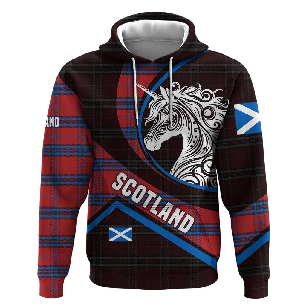 Scotland Hoodie with Red Blue Tartan Pattern with Unicorn Illustration Saltire Flag and Where Tartan Meets Myth Quote Design TS04