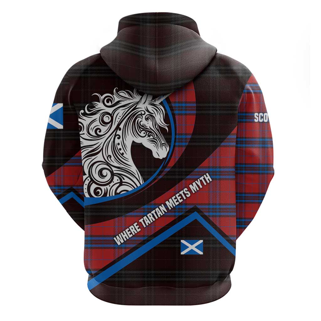 Scotland Hoodie with Red Blue Tartan Pattern with Unicorn Illustration Saltire Flag and Where Tartan Meets Myth Quote Design TS04