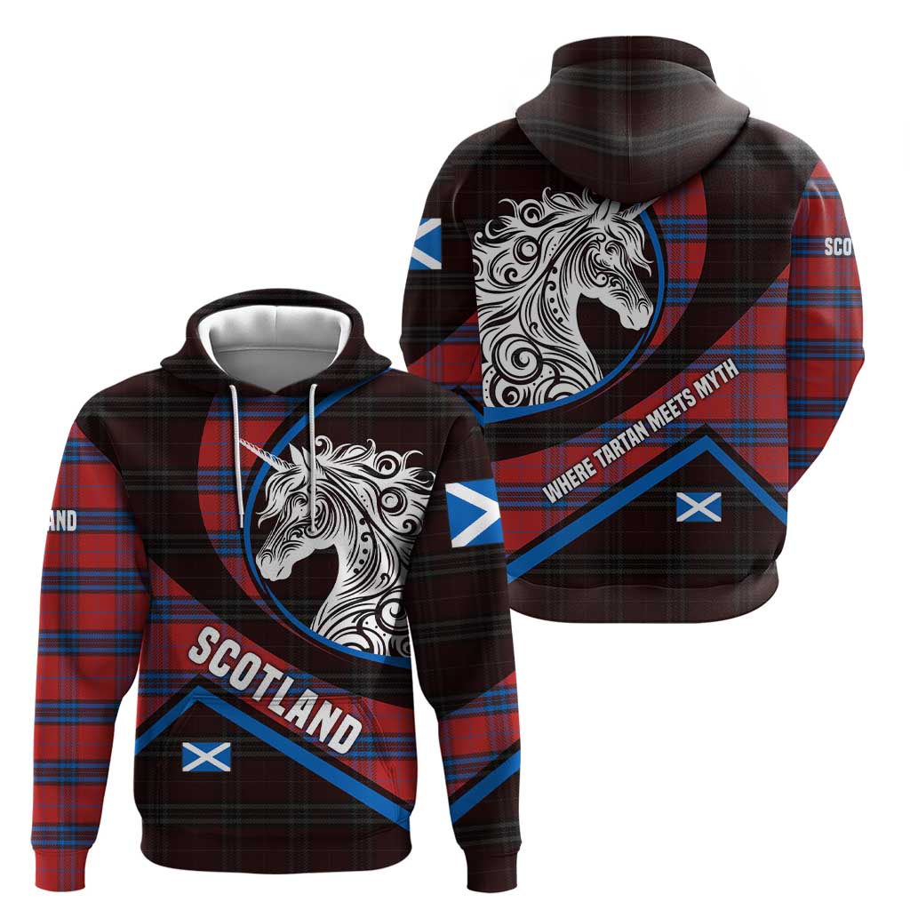 Scotland Hoodie with Red Blue Tartan Pattern with Unicorn Illustration Saltire Flag and Where Tartan Meets Myth Quote Design TS04