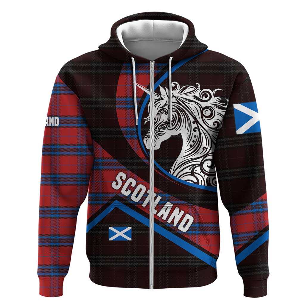 Scotland Hoodie with Red Blue Tartan Pattern with Unicorn Illustration Saltire Flag and Where Tartan Meets Myth Quote Design TS04