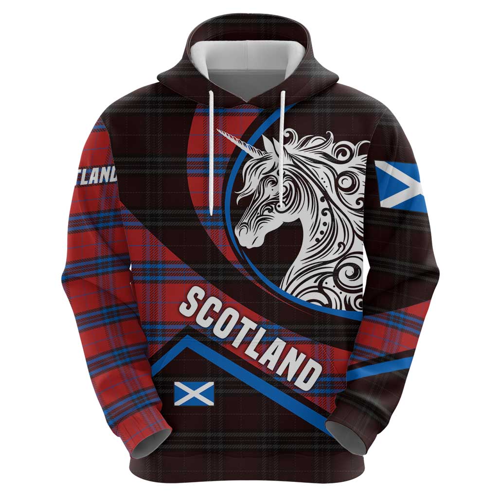 Scotland Hoodie with Red Blue Tartan Pattern with Unicorn Illustration Saltire Flag and Where Tartan Meets Myth Quote Design TS04