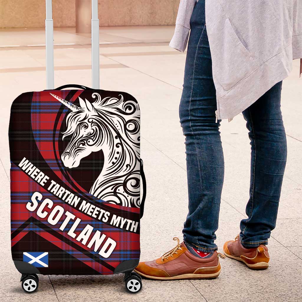 Scotland Luggage Cover with Red Blue Tartan Pattern with Unicorn Illustration Saltire Flag and Where Tartan Meets Myth Quote Design TS04
