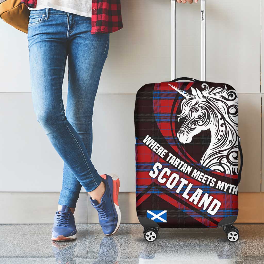 Scotland Luggage Cover with Red Blue Tartan Pattern with Unicorn Illustration Saltire Flag and Where Tartan Meets Myth Quote Design TS04