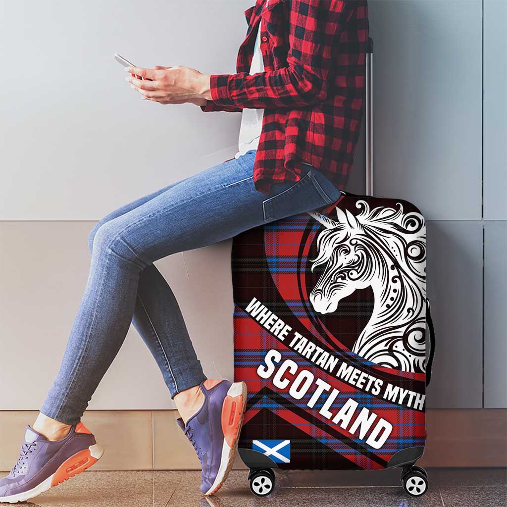 Scotland Luggage Cover with Red Blue Tartan Pattern with Unicorn Illustration Saltire Flag and Where Tartan Meets Myth Quote Design TS04