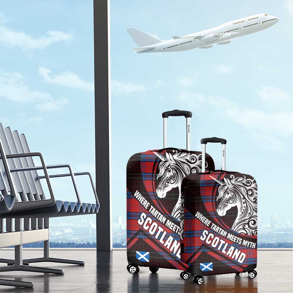 Scotland Luggage Cover with Red Blue Tartan Pattern with Unicorn Illustration Saltire Flag and Where Tartan Meets Myth Quote Design TS04