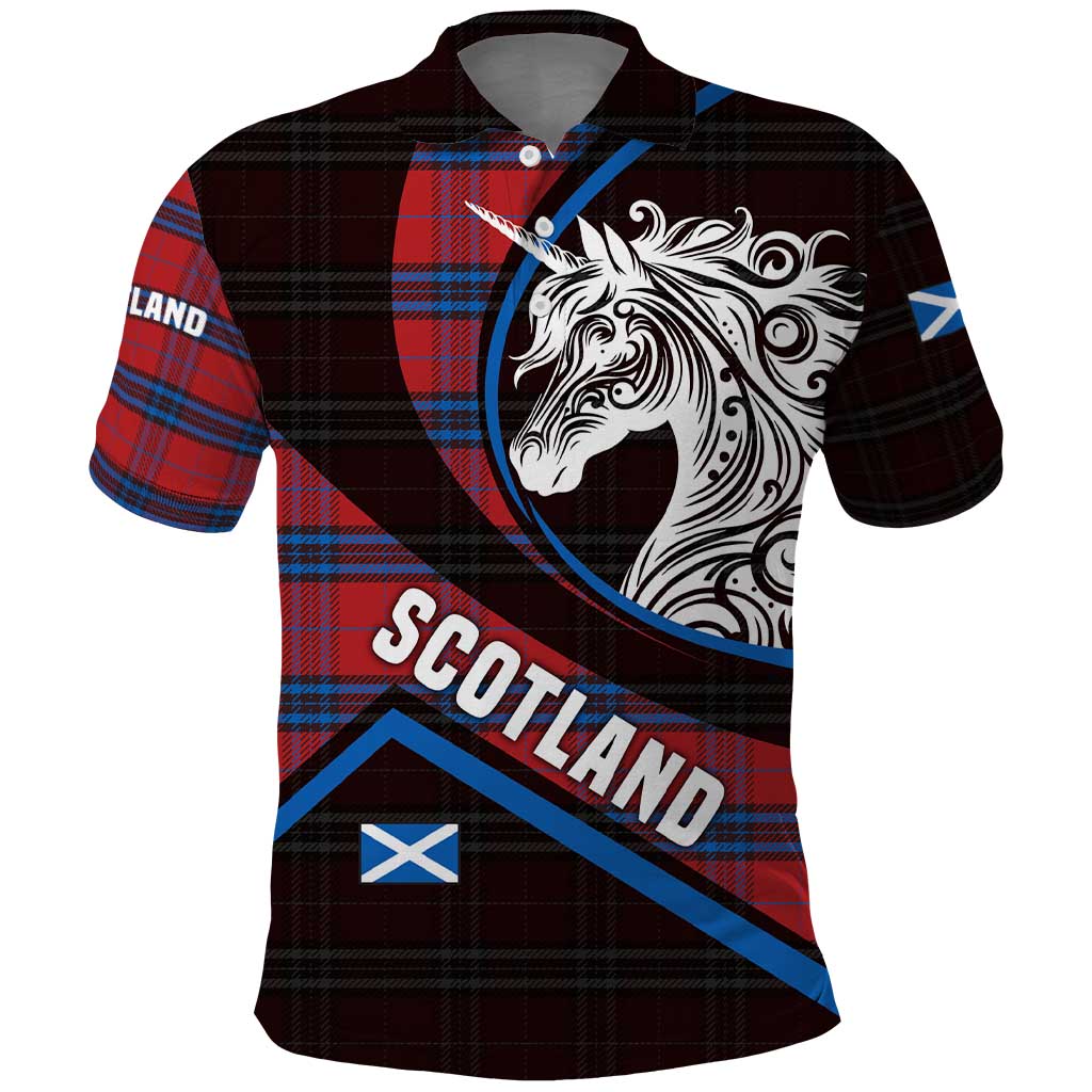 Scotland Polo Shirt with Red Blue Tartan Pattern with Unicorn Illustration Saltire Flag and Where Tartan Meets Myth Quote Design TS04