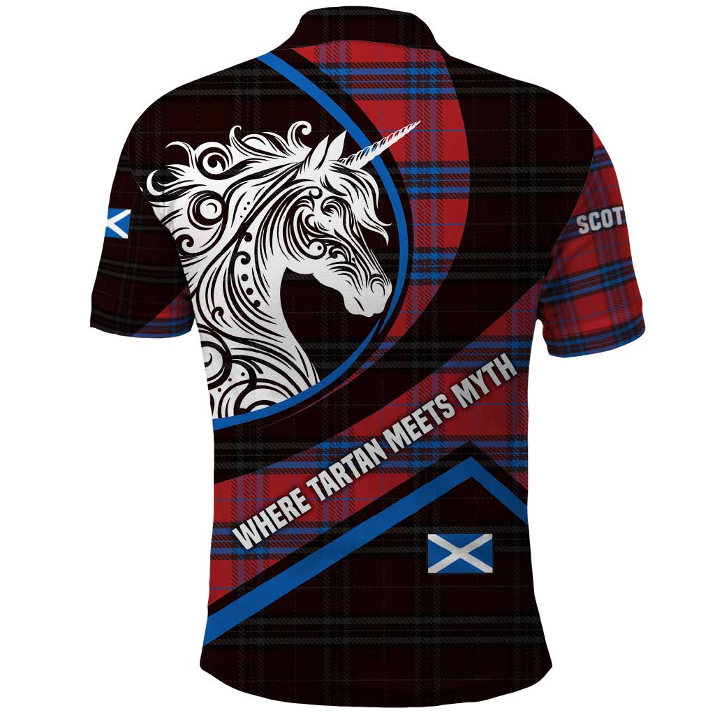 Scotland Polo Shirt with Red Blue Tartan Pattern with Unicorn Illustration Saltire Flag and Where Tartan Meets Myth Quote Design TS04