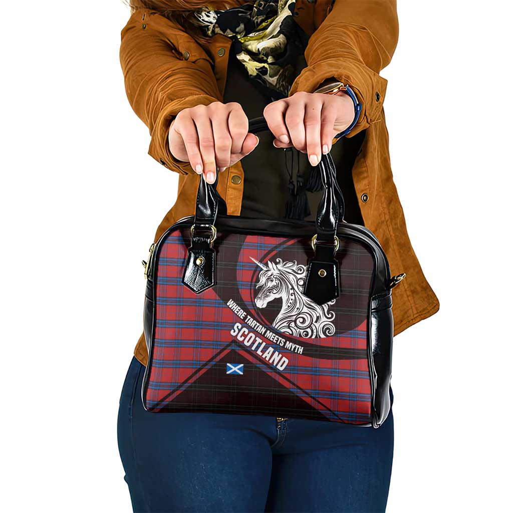Scotland Shoulder Handbag with Red Blue Tartan Pattern with Unicorn Illustration Saltire Flag and Where Tartan Meets Myth Quote Design TS04