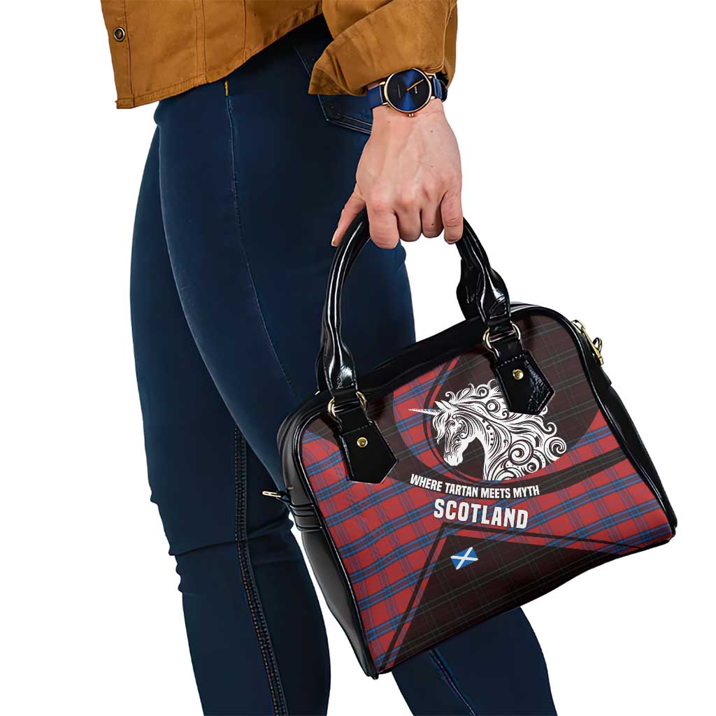 Scotland Shoulder Handbag with Red Blue Tartan Pattern with Unicorn Illustration Saltire Flag and Where Tartan Meets Myth Quote Design TS04