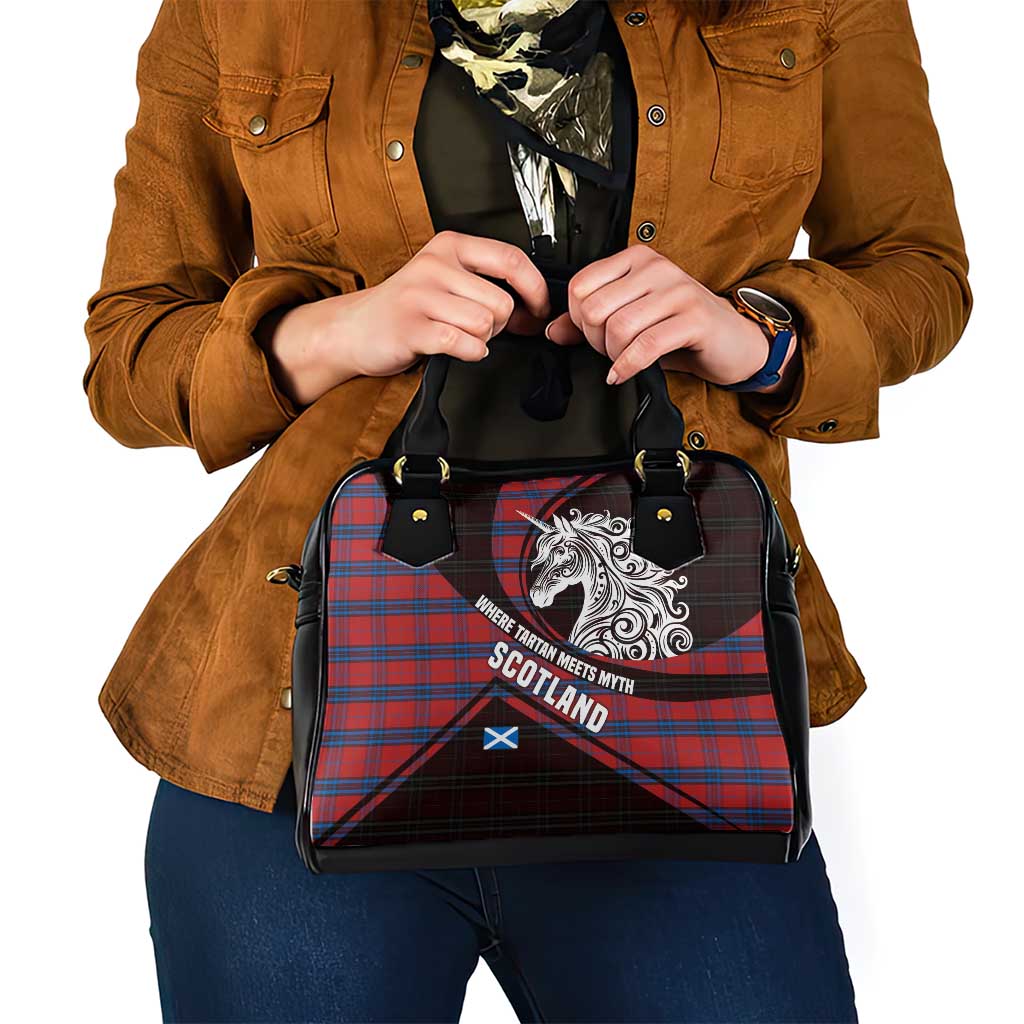 Scotland Shoulder Handbag with Red Blue Tartan Pattern with Unicorn Illustration Saltire Flag and Where Tartan Meets Myth Quote Design TS04