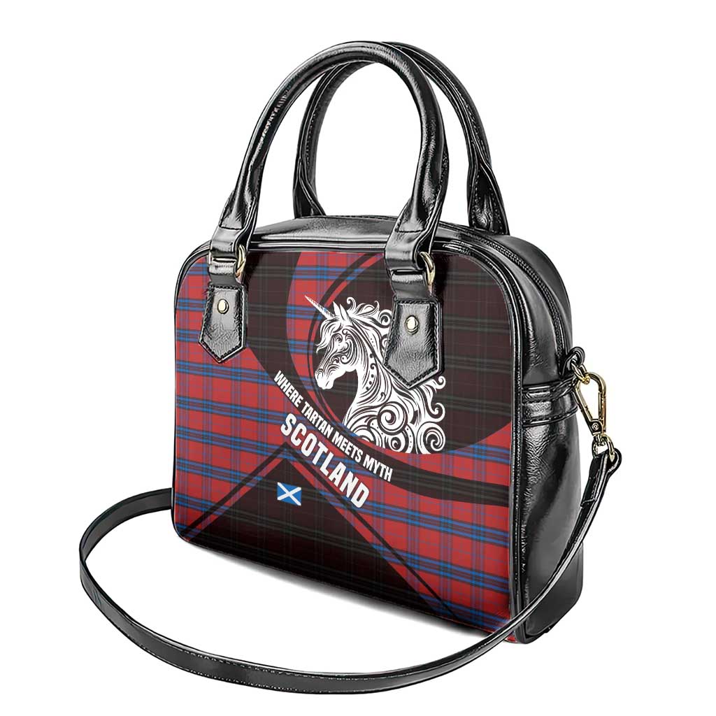Scotland Shoulder Handbag with Red Blue Tartan Pattern with Unicorn Illustration Saltire Flag and Where Tartan Meets Myth Quote Design TS04