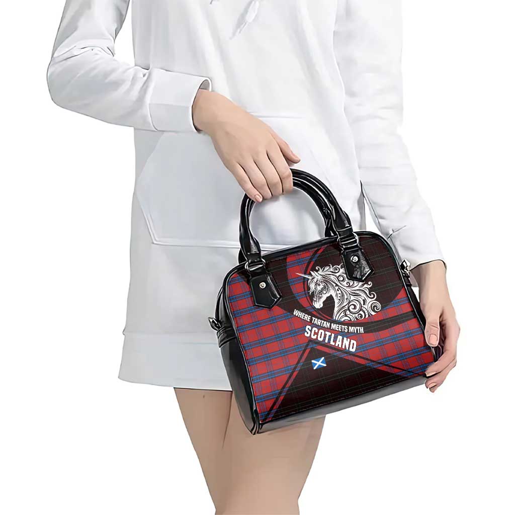 Scotland Shoulder Handbag with Red Blue Tartan Pattern with Unicorn Illustration Saltire Flag and Where Tartan Meets Myth Quote Design TS04