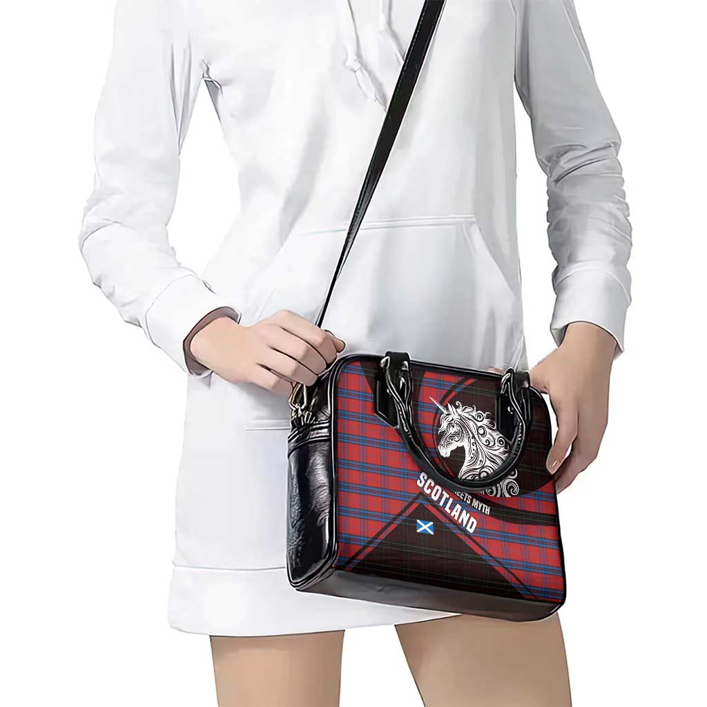 Scotland Shoulder Handbag with Red Blue Tartan Pattern with Unicorn Illustration Saltire Flag and Where Tartan Meets Myth Quote Design TS04