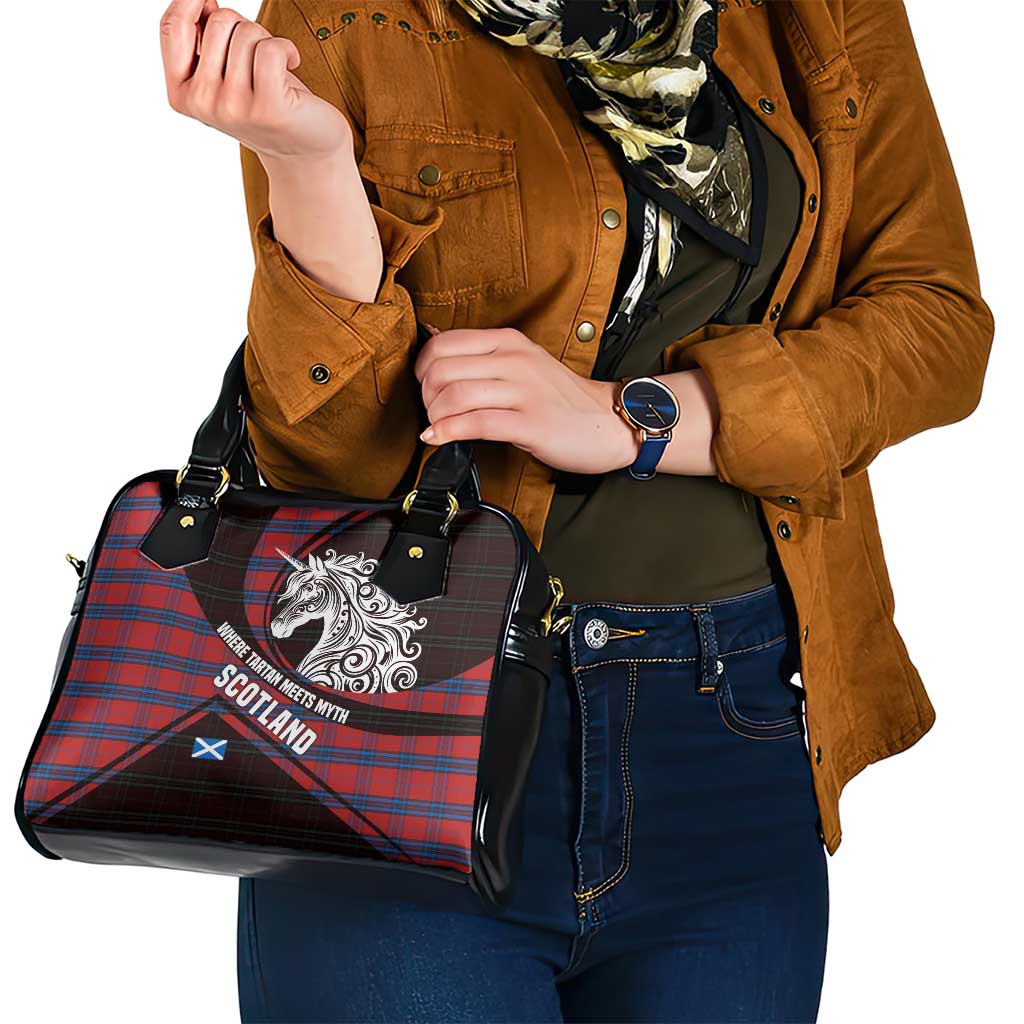 Scotland Shoulder Handbag with Red Blue Tartan Pattern with Unicorn Illustration Saltire Flag and Where Tartan Meets Myth Quote Design TS04
