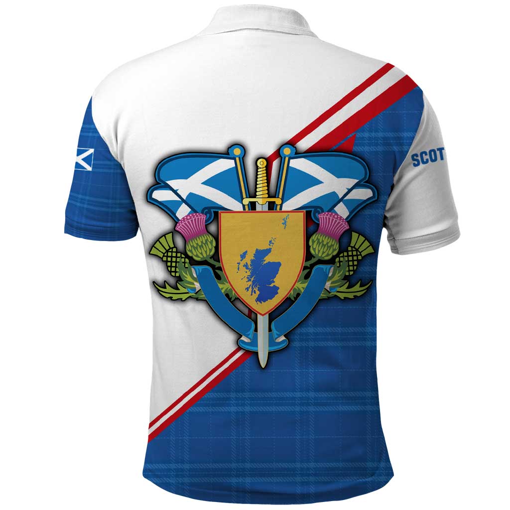 Scotland Blue Tartan Polo Shirt with Crest and Saltire Shield Design TS04