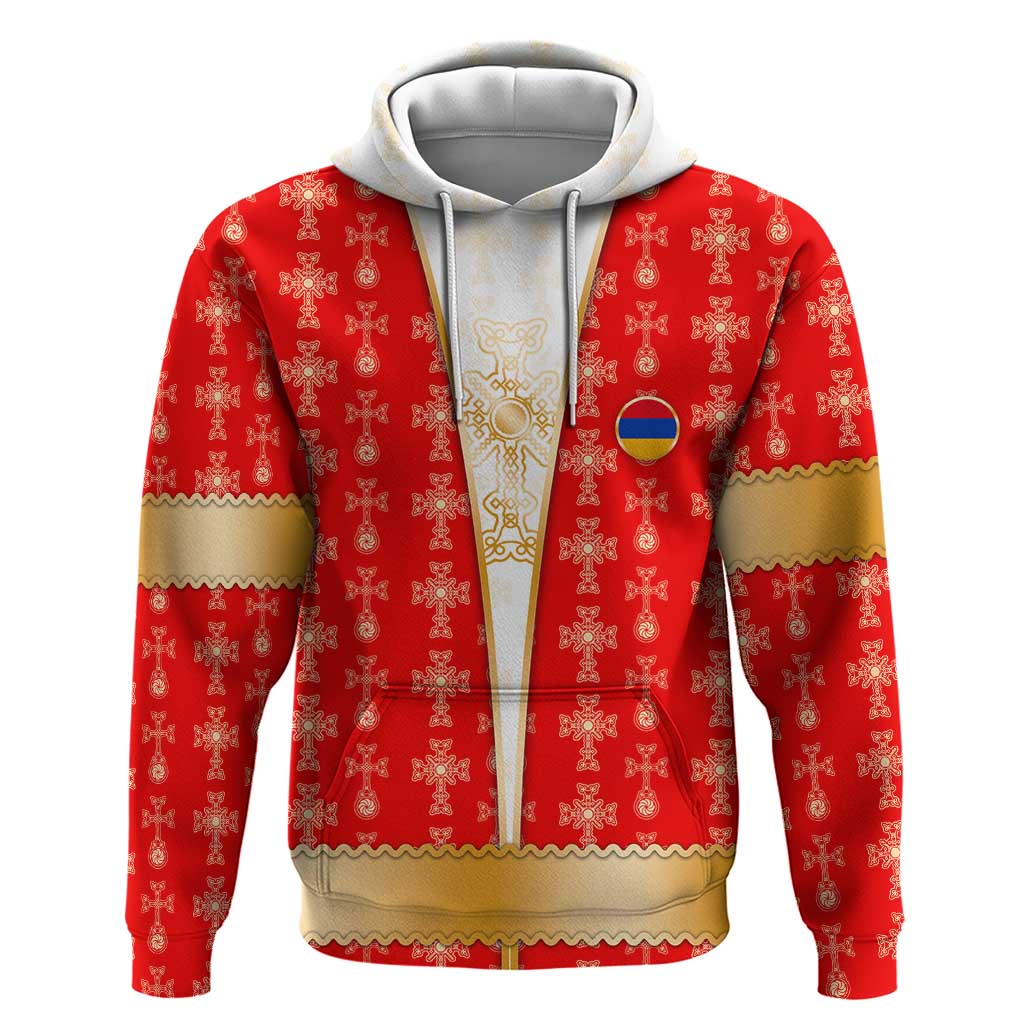 Armenian Traditional Red Hoodie with Gold Cross Pattern and Flag Crest TS04