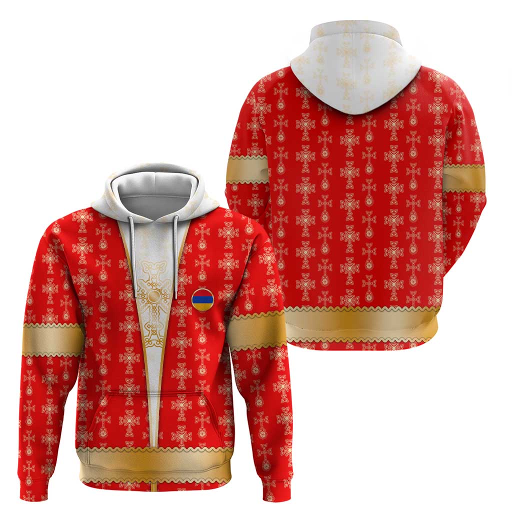 Armenian Traditional Red Hoodie with Gold Cross Pattern and Flag Crest TS04