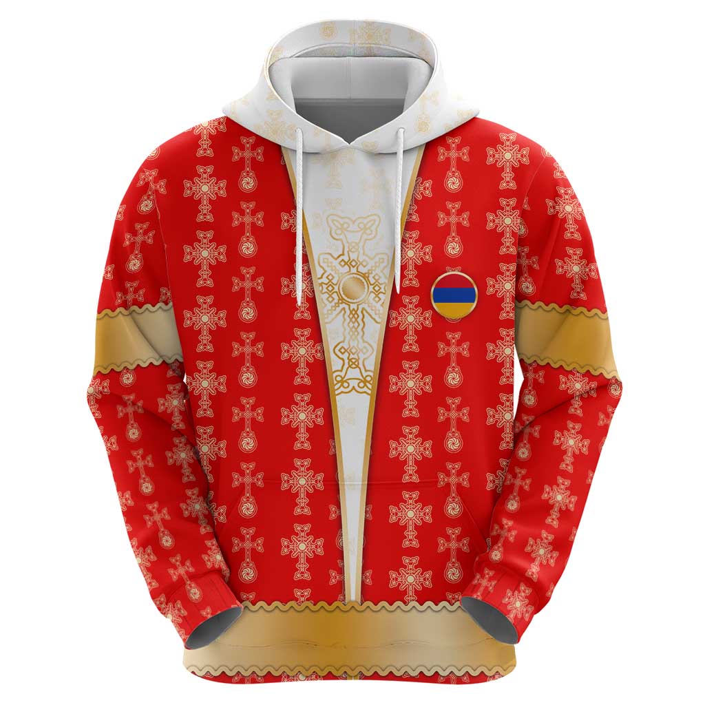 Armenian Traditional Red Hoodie with Gold Cross Pattern and Flag Crest TS04
