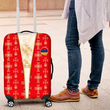 Armenian Traditional Red Luggage Cover with Gold Cross Pattern and Flag Crest TS04