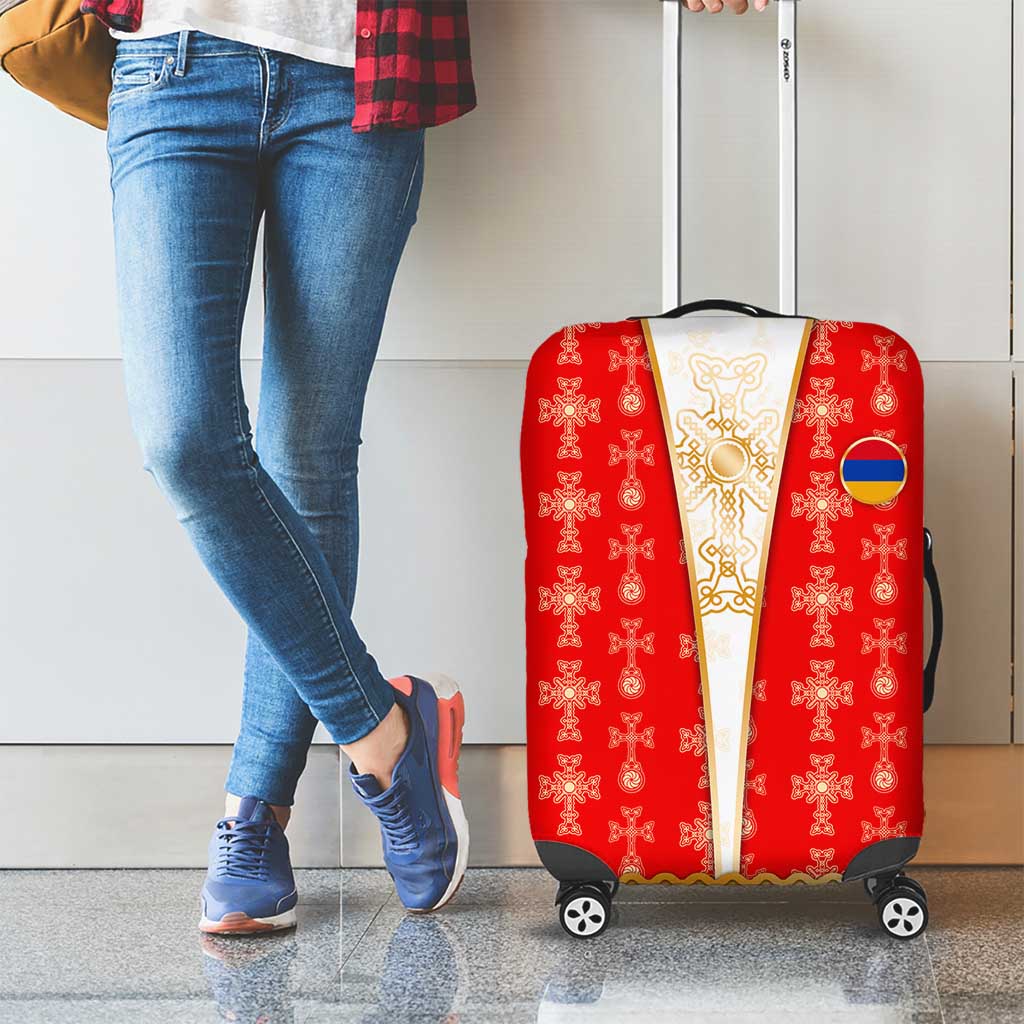 Armenian Traditional Red Luggage Cover with Gold Cross Pattern and Flag Crest TS04
