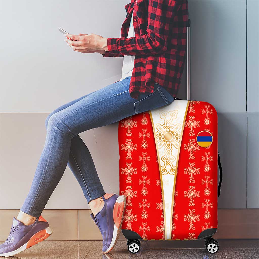 Armenian Traditional Red Luggage Cover with Gold Cross Pattern and Flag Crest TS04