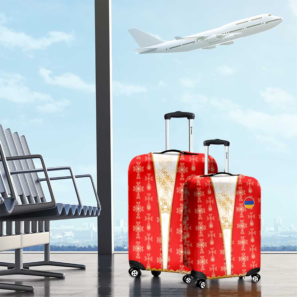 Armenian Traditional Red Luggage Cover with Gold Cross Pattern and Flag Crest TS04
