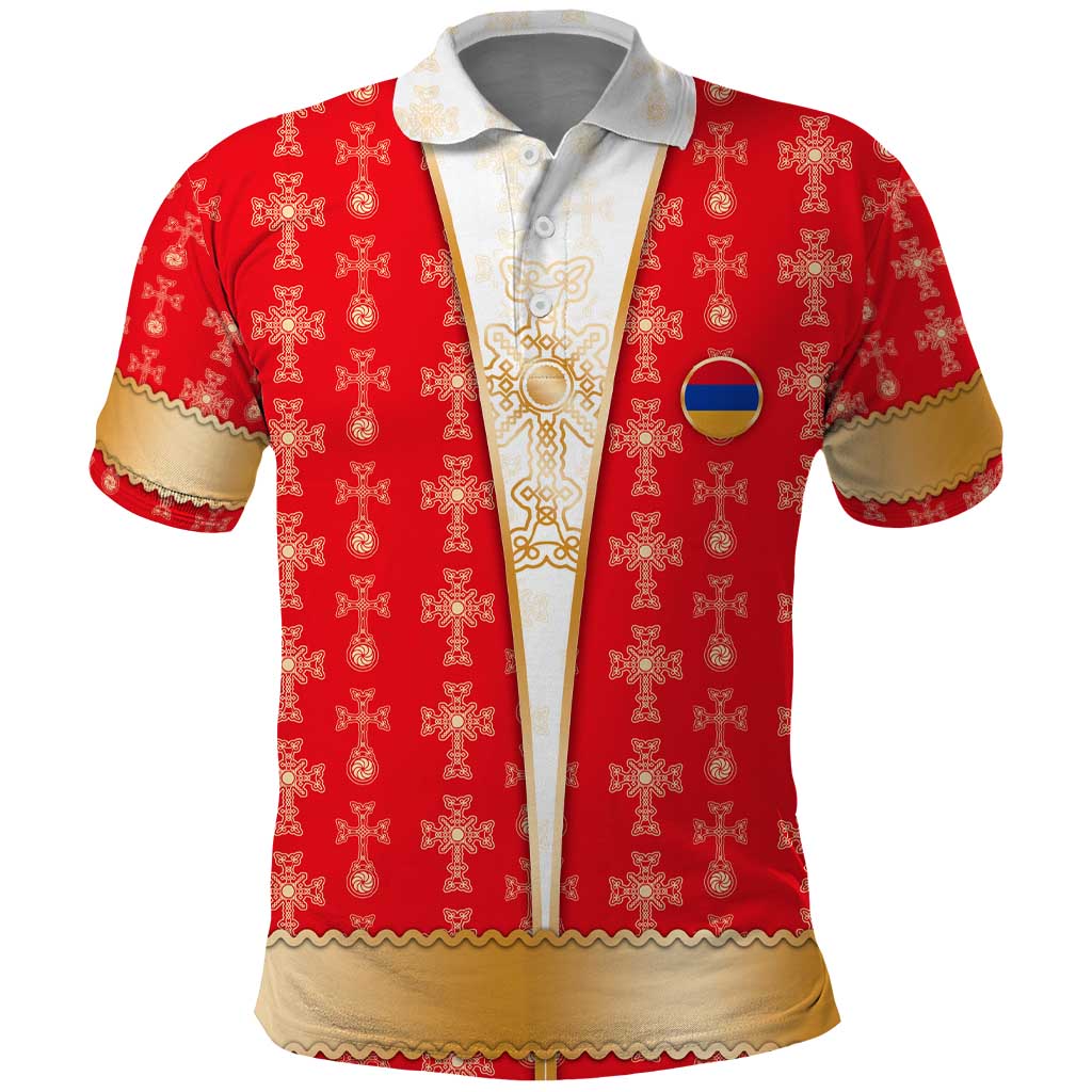 Armenian Traditional Red Polo Shirt with Gold Cross Pattern and Flag Crest TS04