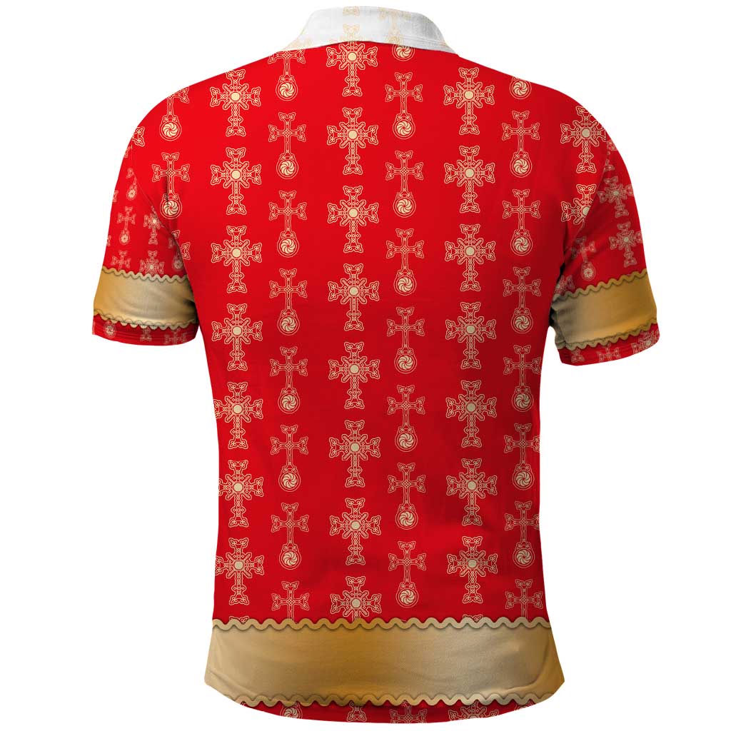Armenian Traditional Red Polo Shirt with Gold Cross Pattern and Flag Crest TS04