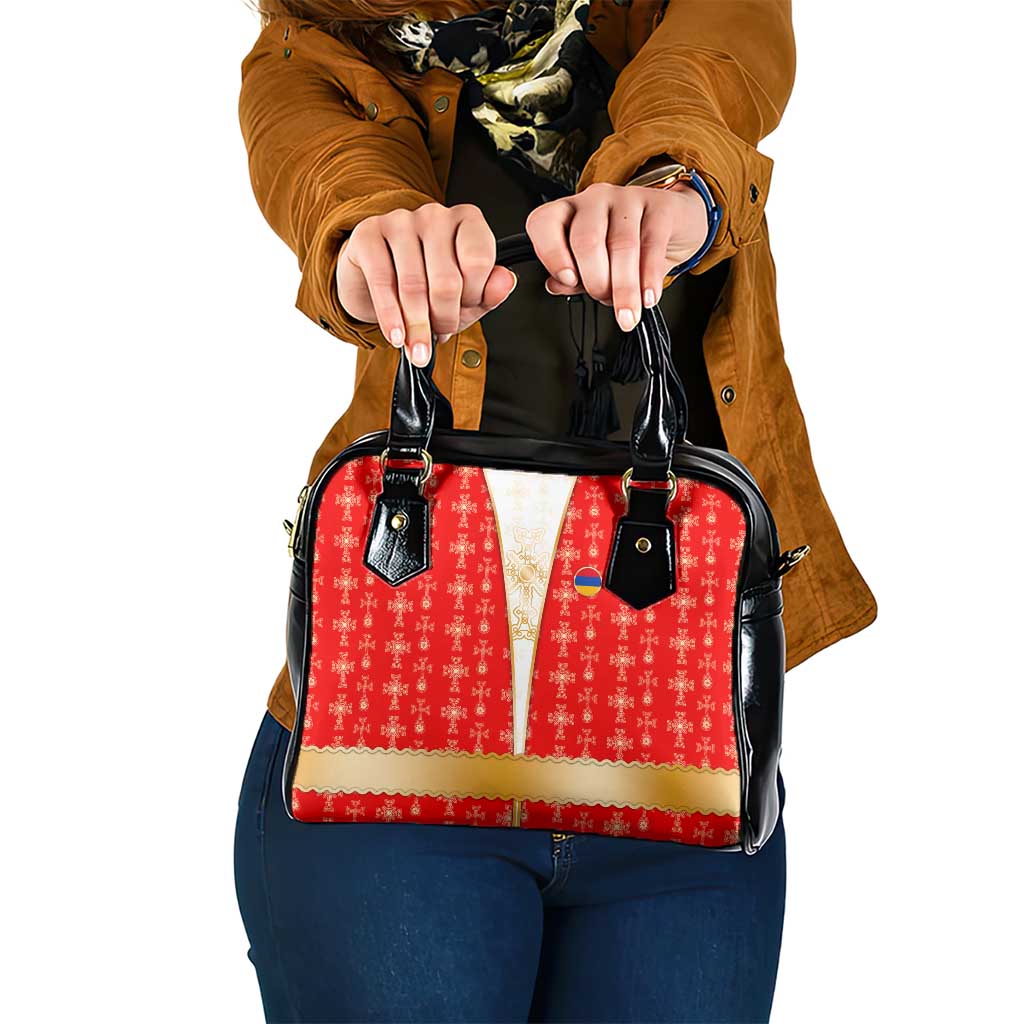 Armenian Traditional Red Shoulder Handbag with Gold Cross Pattern and Flag Crest TS04